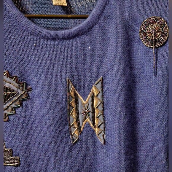 New York Aspects Blue Sweater with Geometric Patterns Size Small - Picture 4 of 4